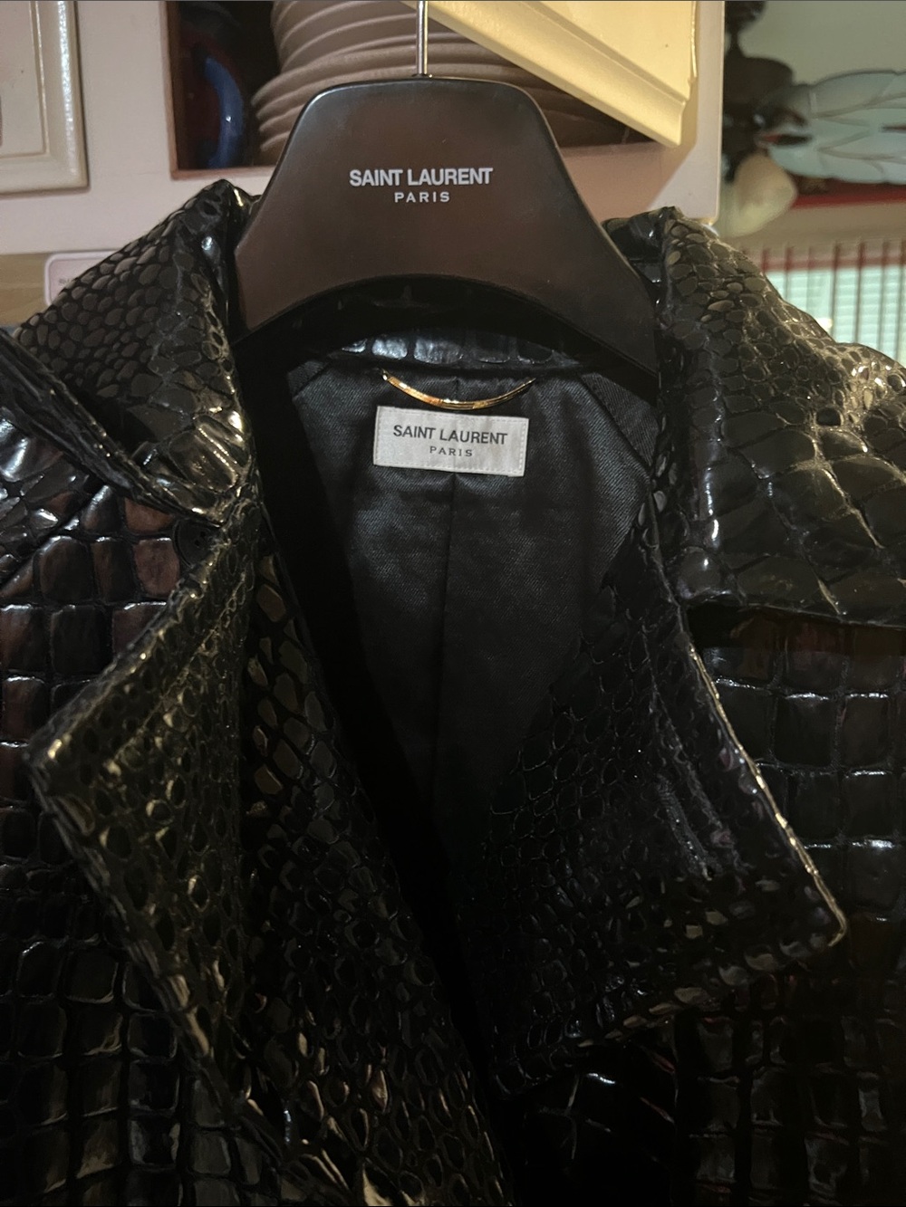 Saint Laurent Black Croc-Embossed Patent Trench Jacket - Picture 6 of 7